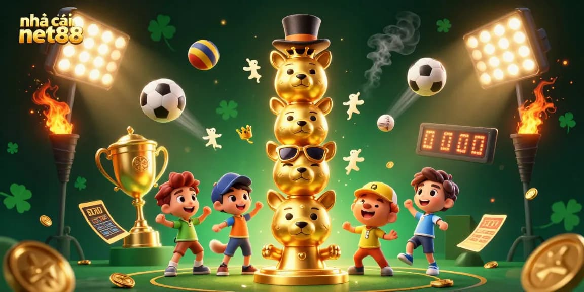 Bet on sports with nhà cái net88 in this vibrant 3D cartoon illustration showcasing betting slips, trophies, and dynamic sports elements.