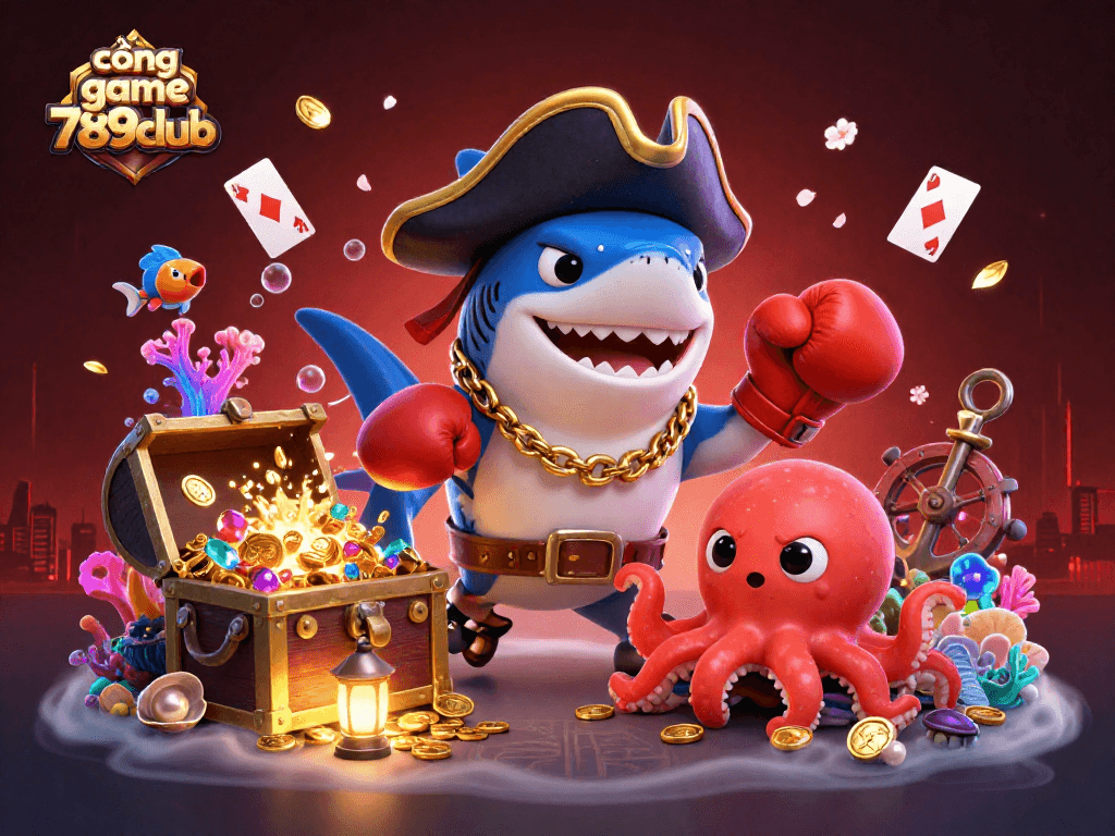 Engage in thrilling gameplay at cổng game 789club with a vibrant 3D illustration featuring pirate shark and treasures.