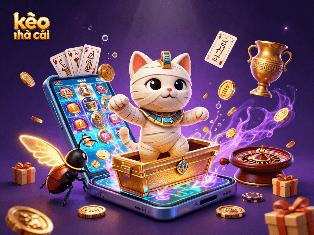 Engage with kèo nhà cái in this vibrant 3D casino scene featuring an Egyptian mummy cat and scarab beetle.