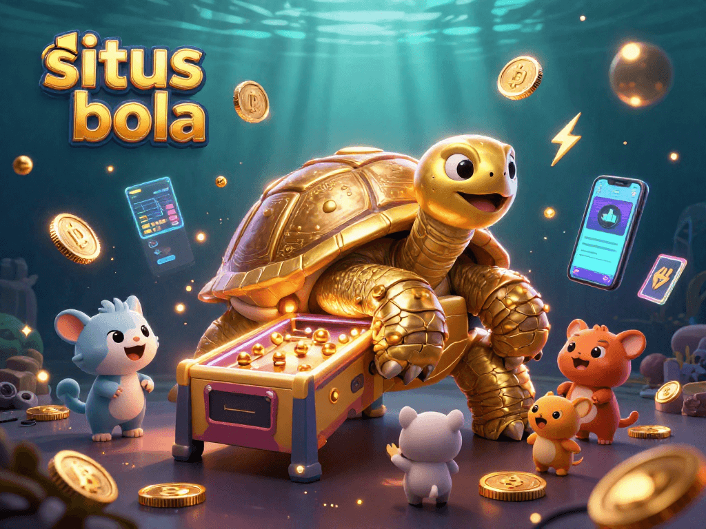 Experience thrilling action at situs bola with a vibrant 3D casino scene featuring a colossal animated tortoise and dynamic gaming elements.