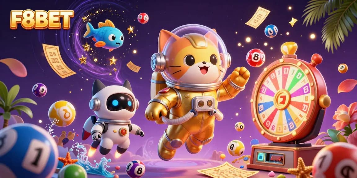 Experience thrilling games at F8BET with colorful lottery balls and vibrant casino elements.