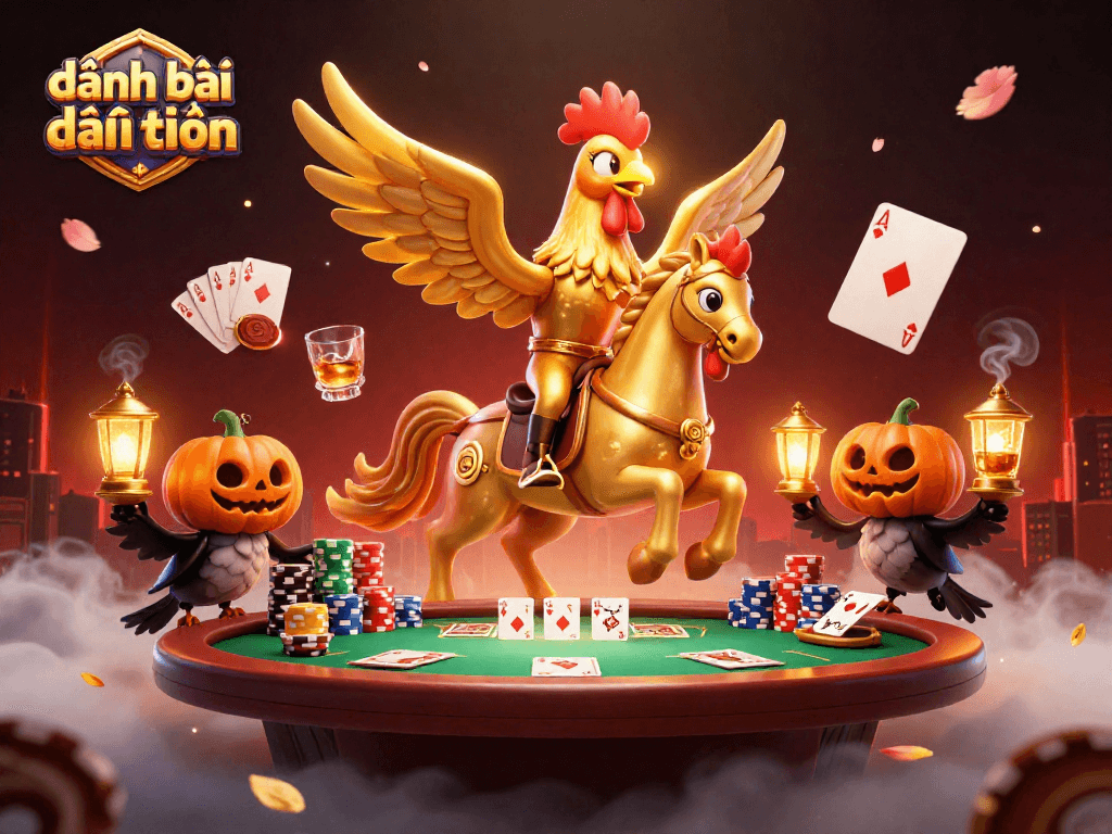 Play đánh bài đổi thưởng with vibrant casino elements in an illustrated scene of adventure.