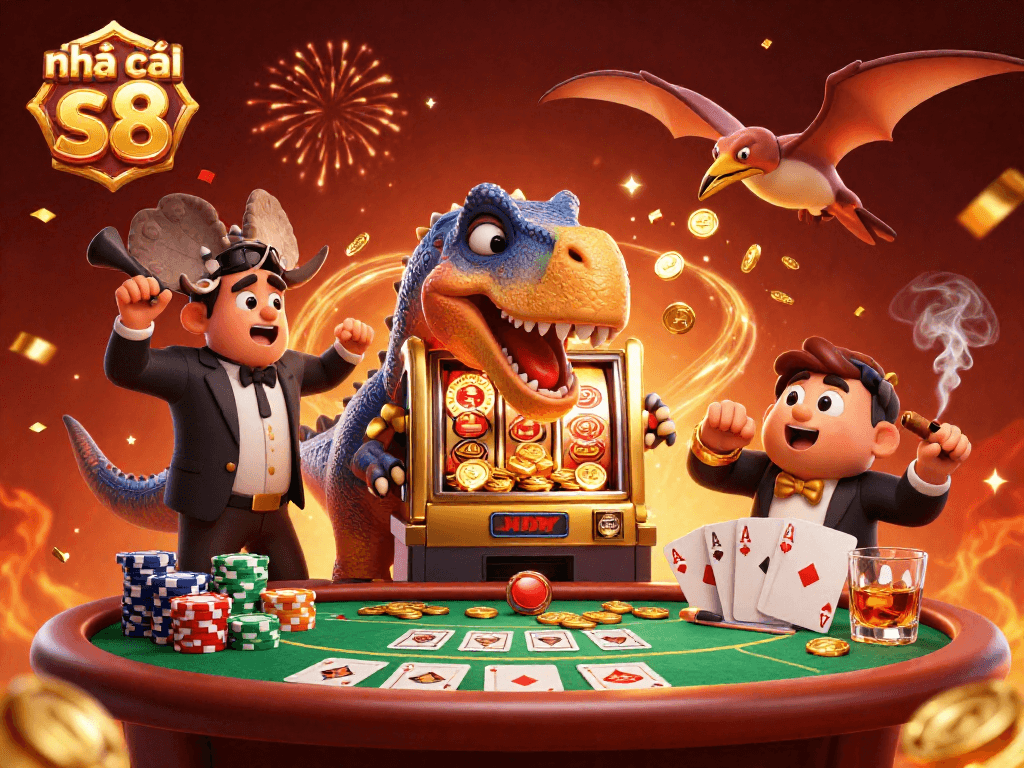 Engage with nhà cái s8's thrilling casino experience as characters interact with a golden slot machine.