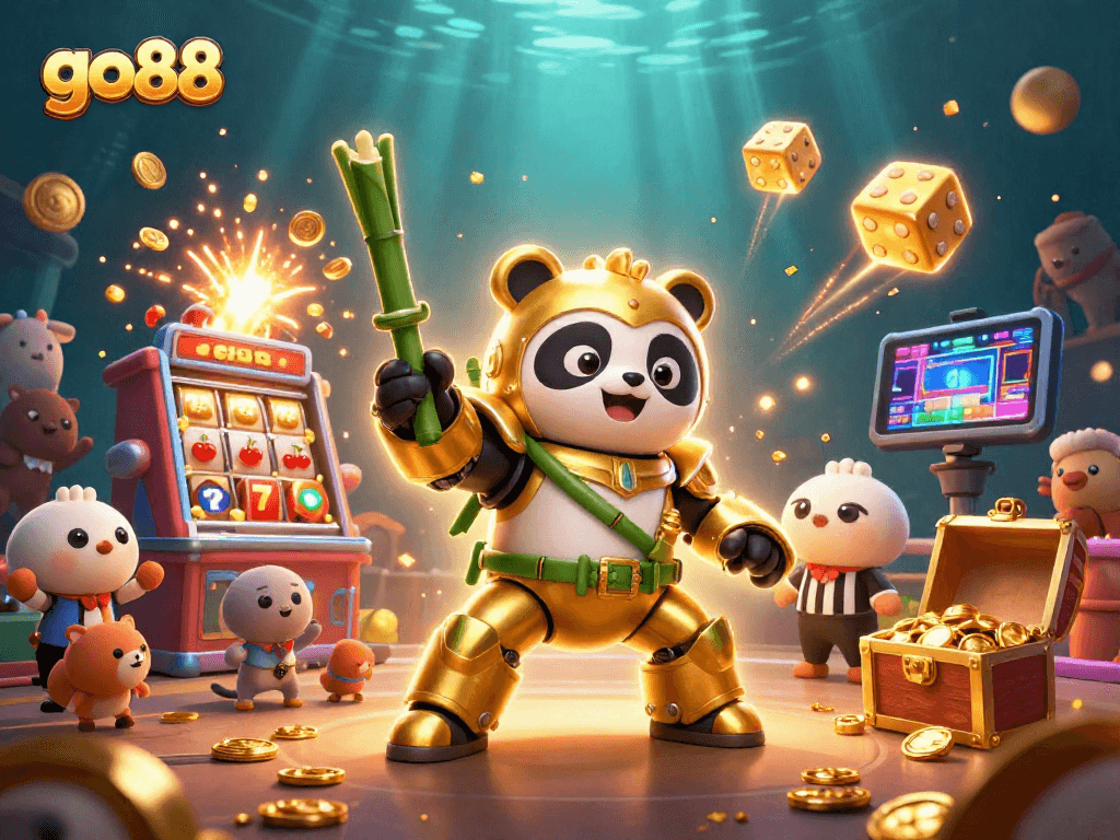 Experience the excitement of go88 with a mech-suit panda in a vivid 3D casino arena.
