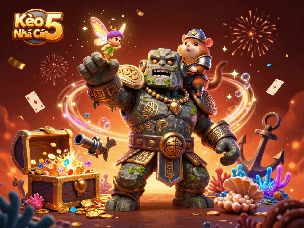 Kèo Nhà Cái 5 showcases a vibrant underwater casino scene featuring magical characters, treasure, and game elements.