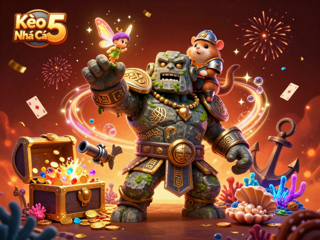 Kèo Nhà Cái 5 showcases a vibrant underwater casino scene featuring magical characters, treasure, and game elements.