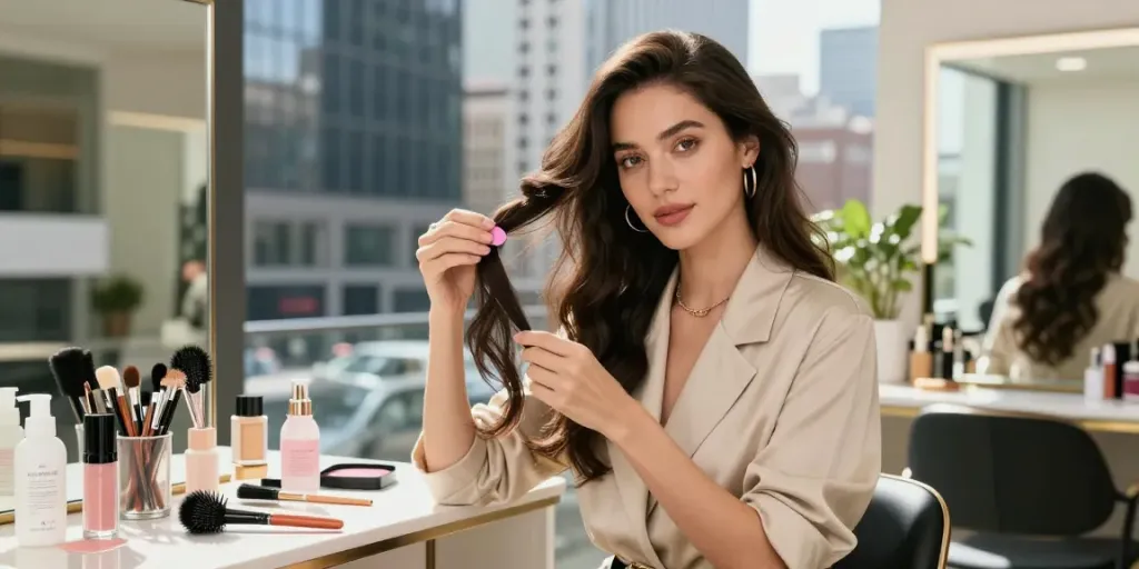 Applying best tape in extensions for beginners in a vibrant city setting.