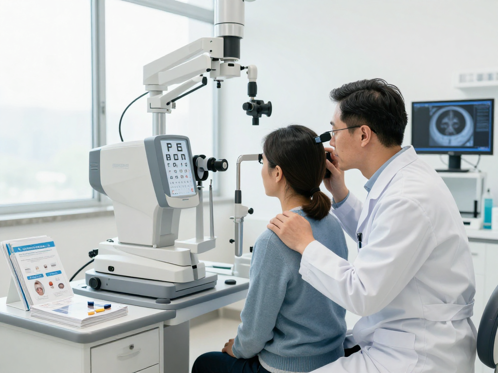 Cataract surgeon in UAE consulting a patient in a modern ophthalmology clinic.