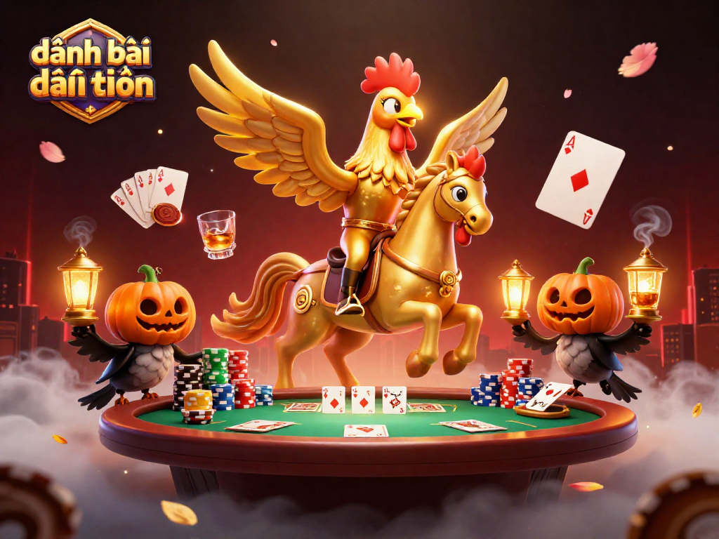 Play đánh bài đổi thưởng with vibrant casino elements in an illustrated scene of adventure.