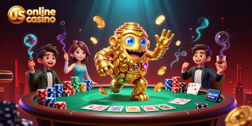 Engage with thrilling us online casino games featuring a golden golem and poker elements.