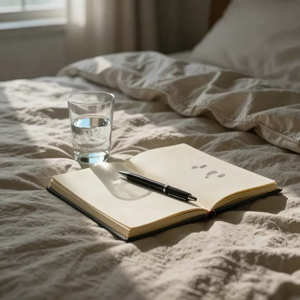 Open notebook with three pencil marks, pen and water glass on a rumpled duvet in dawn light.
