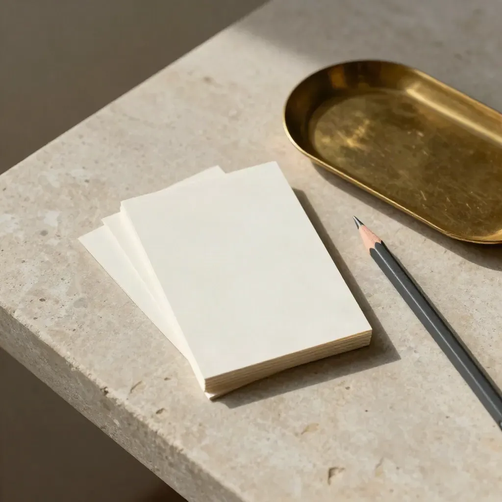Three blank index cards, a graphite pencil, and a brass tray on pale stone in warm daylight.