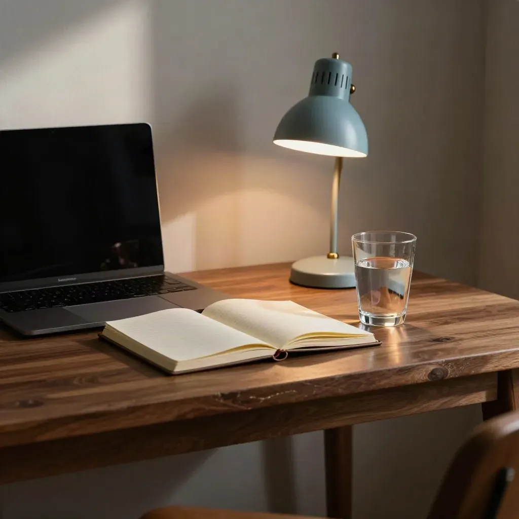 Low desk-edge view of a closed laptop, notebook, blue lamp and water glass in warm afternoon light.