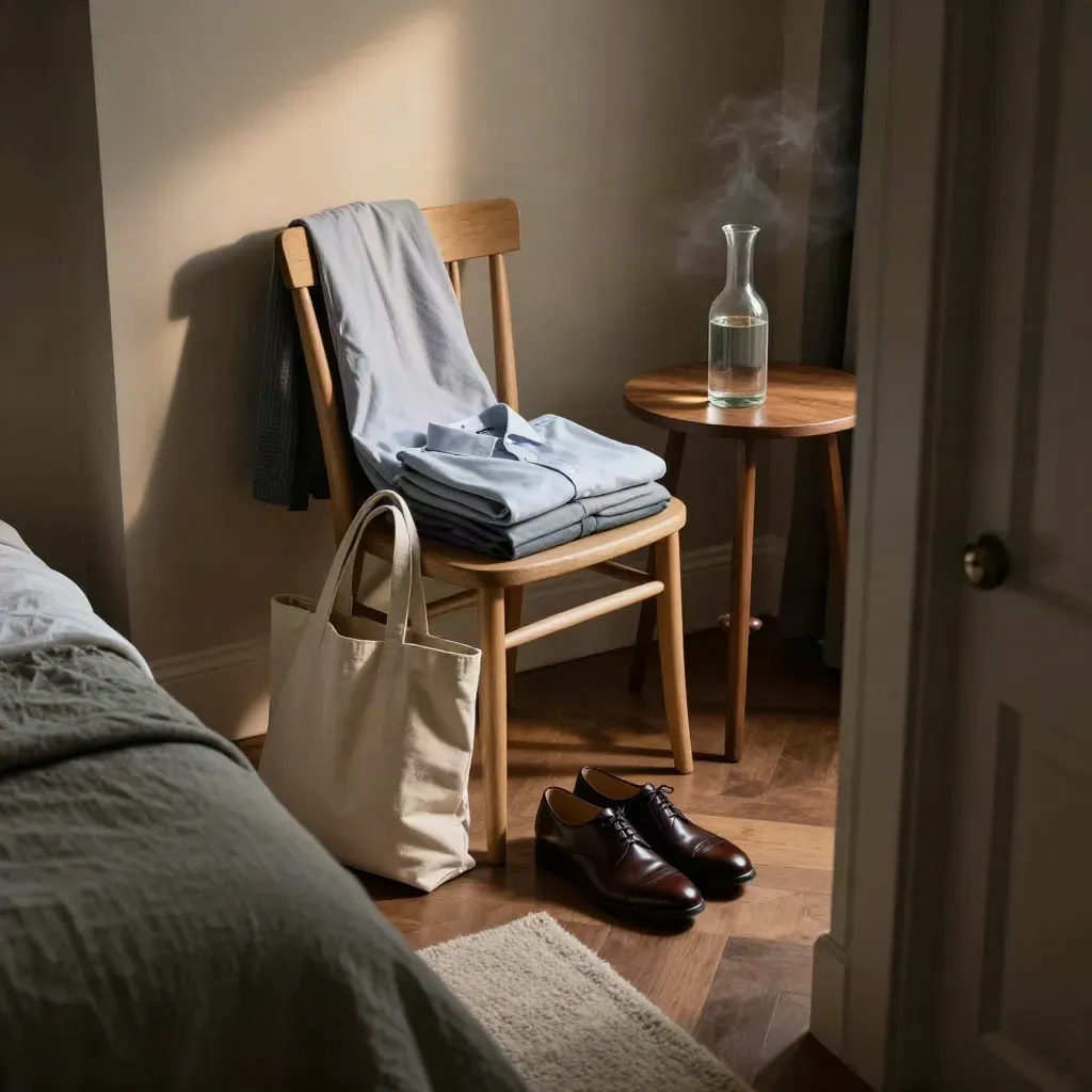 Evening outfit, tote, shoes, and carafe arranged in a moody bedroom doorway scene.