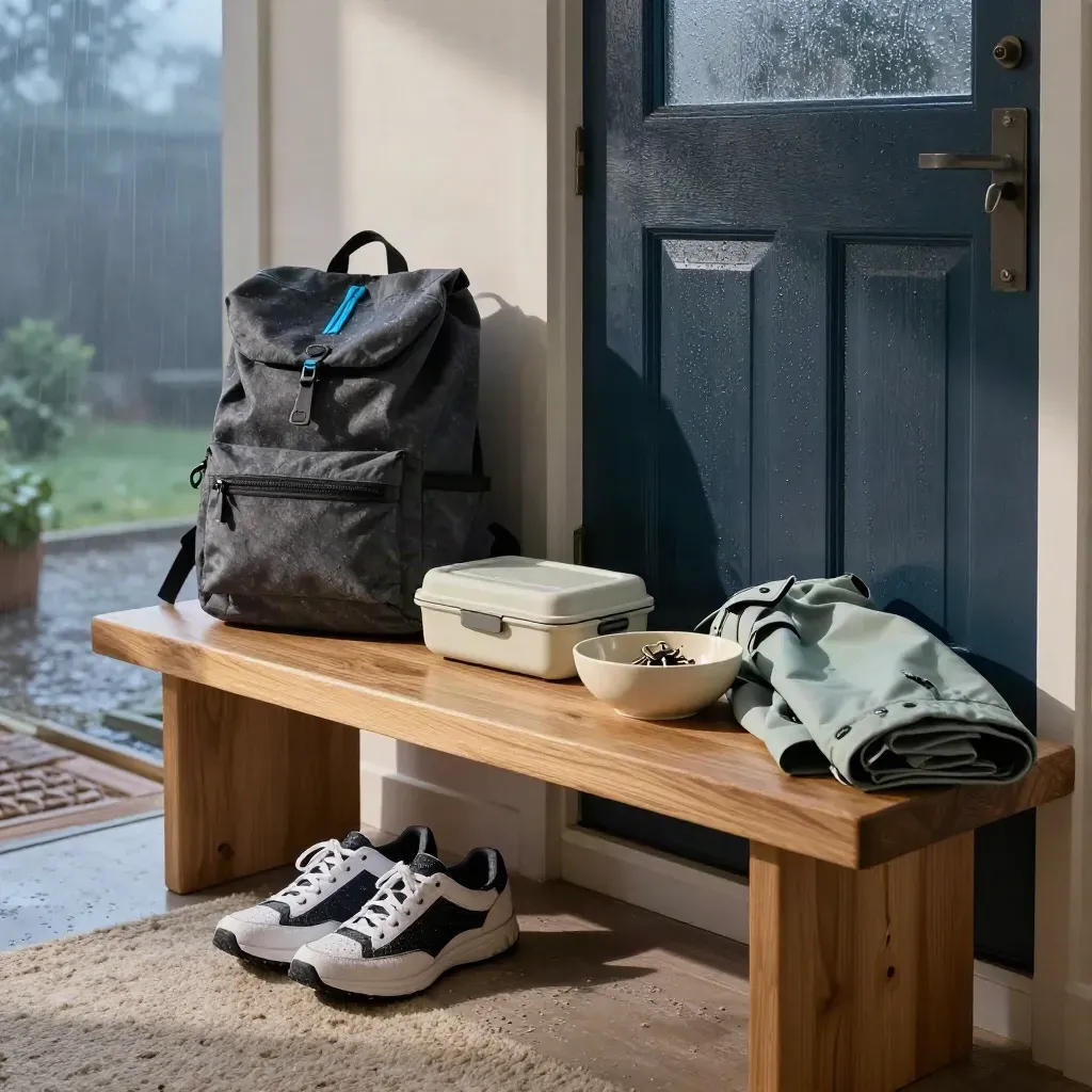 Entry bench with backpack, lunch box, raincoat, sneakers, and keys by a rainy door