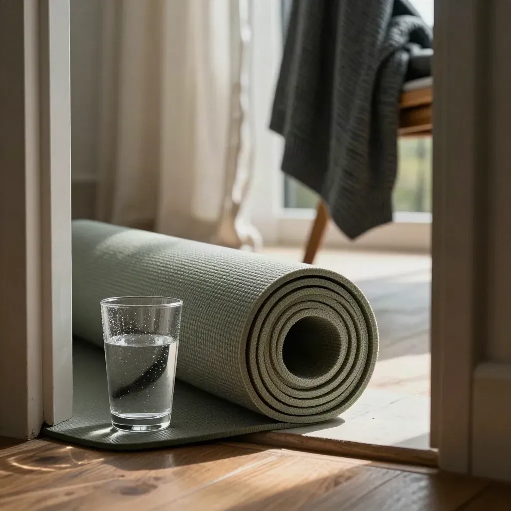 Rolled yoga mat, condensation glass, cardigan, and breezy balcony curtain in a warm side room