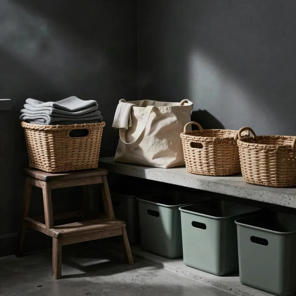 Top-down utility corner with baskets, cloths, tote, and storage bins in moody light.