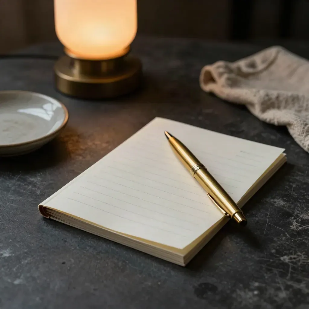 Checklist pad, brass pen, ceramic dish and lamp on a charcoal desk in warm evening light.
