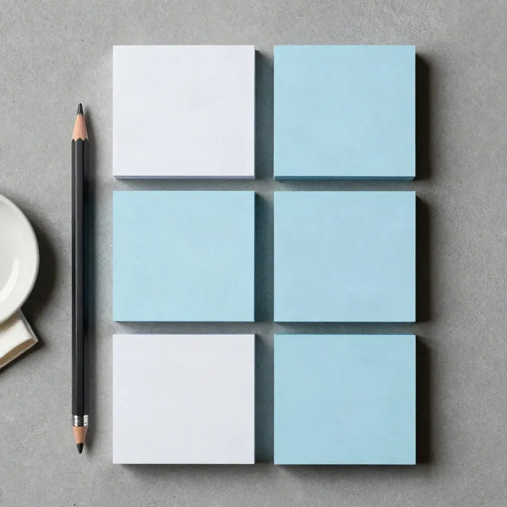 Top-down flat lay of paper blocks, sticky notes, and a pencil on concrete.