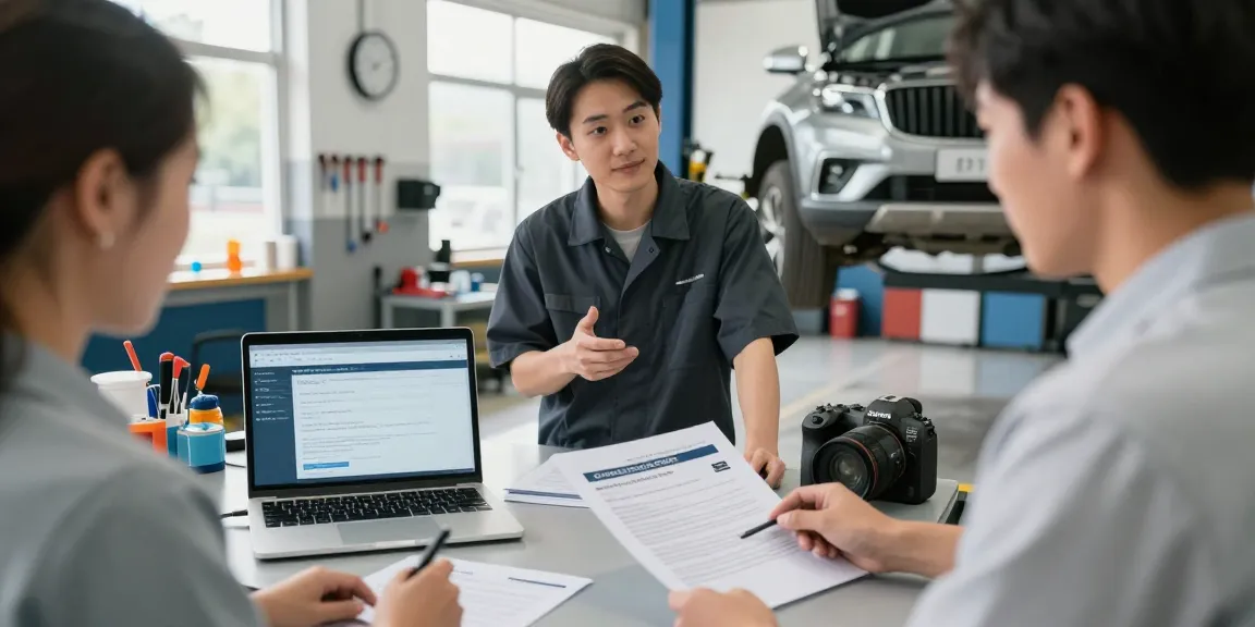 Learn what is a vehicle service contract as a technician explains services to a customer in a bright workshop