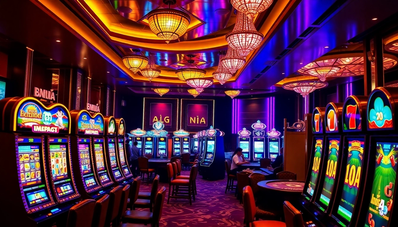 Experience nổ hũ đổi thưởng excitement with colorful slot machines in a luxurious casino.