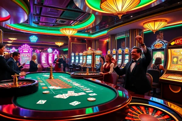 Exciting scene of players enjoying their time at crypto online casinos with vibrant games and rich decor.