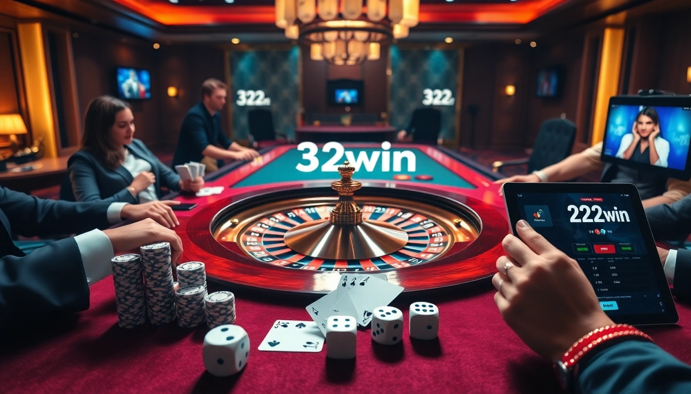 Engage with the thrilling atmosphere of 32win casino featuring roulette and winning cards.