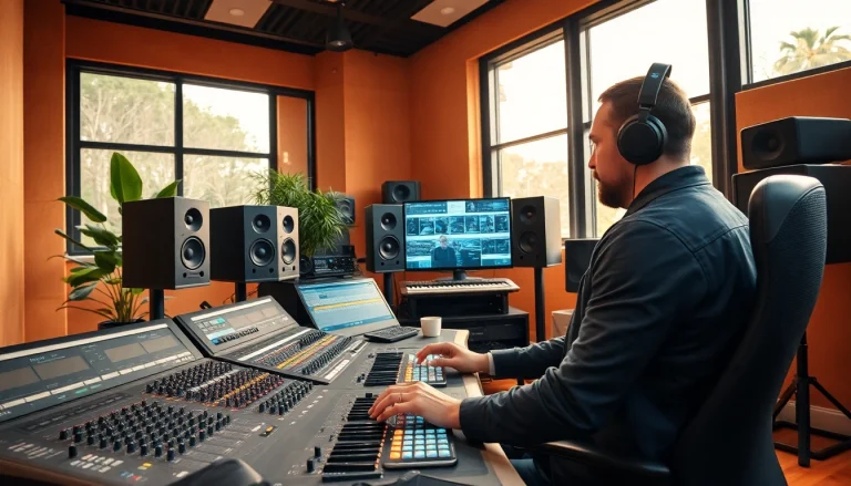 Engaging in online mastering on a high-tech sound mixing console in a modern studio.