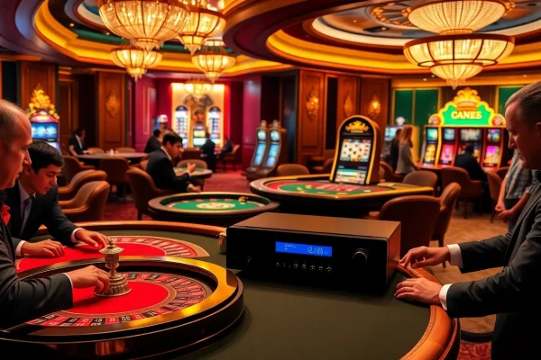 Gamblers strategizing at a casino table with Ta 88 amplifier subtly integrated into the luxurious setting.