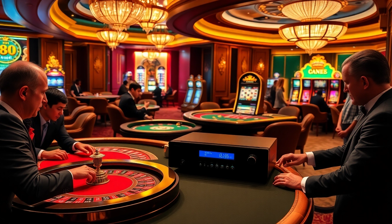 Gamblers strategizing at a casino table with Ta 88 amplifier subtly integrated into the luxurious setting.