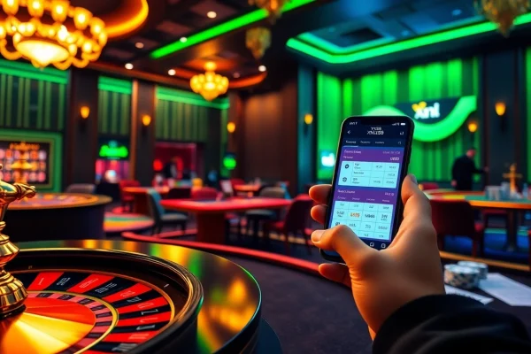 Tải app xn88 on a smartphone amidst an exciting online casino scene with vibrant colors and poker chips.