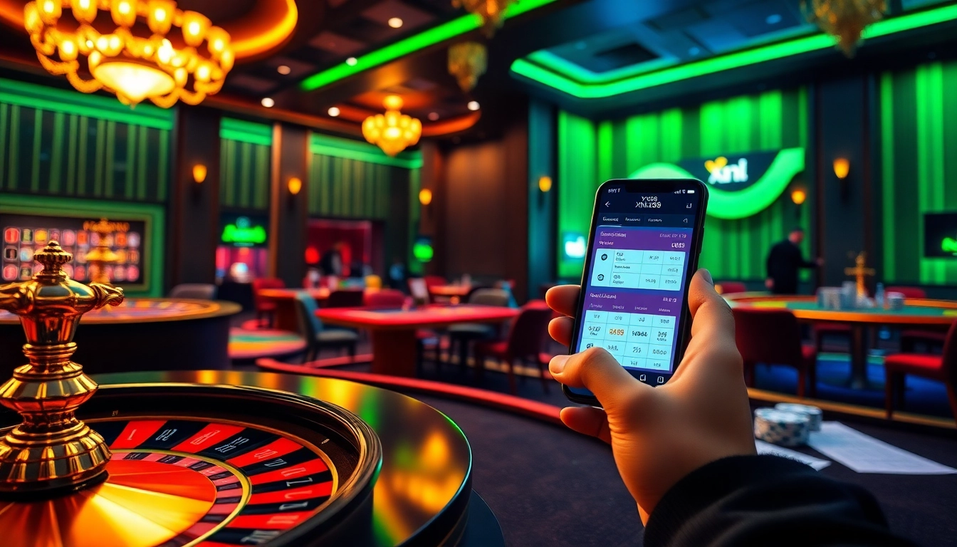 Tải app xn88 on a smartphone amidst an exciting online casino scene with vibrant colors and poker chips.