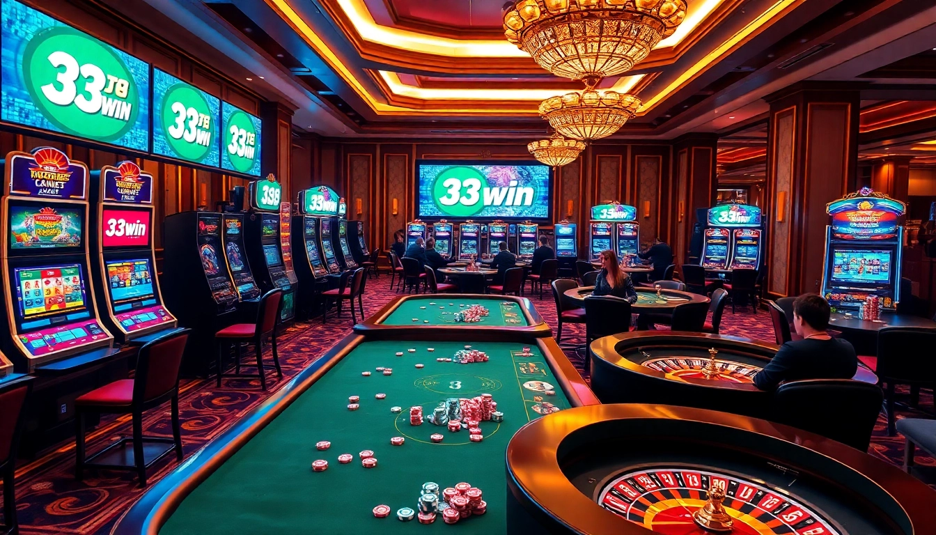 Engaging players with 33win logo at a vibrant casino setup featuring slot machines and poker tables.