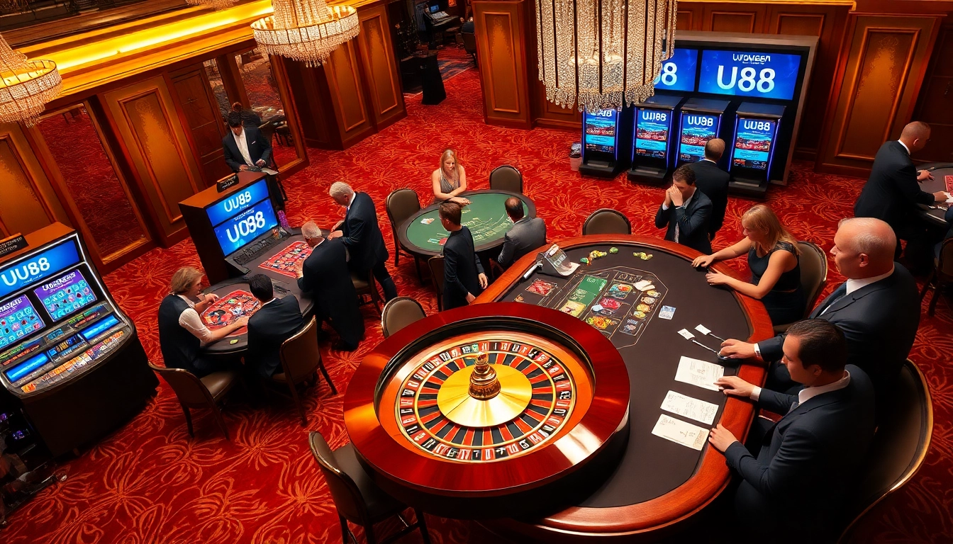 Engage with the thrilling UU88 casino experience featuring roulette and poker tables.