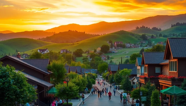 People enjoying vibrant Clarksburg landscape during sunset, highlighting community interaction.