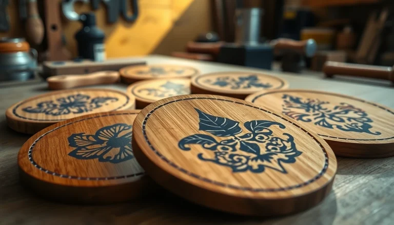 Explore creative laser engraving designs on artisan wooden coasters in a vibrant workshop.
