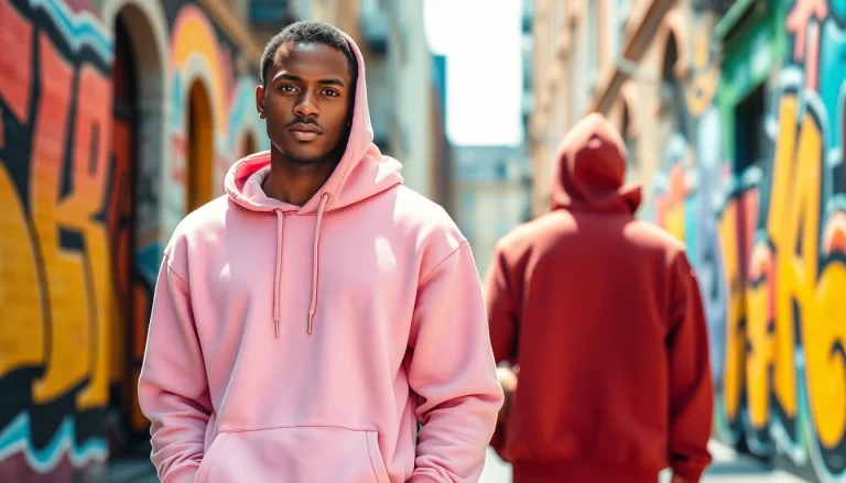 Showcase of trendy blank hoodies worn by a model in an urban setting.