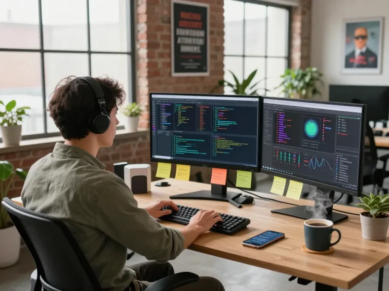 Developer enhancing mind control tech in a vibrant workspace with code on multiple screens and natural light.