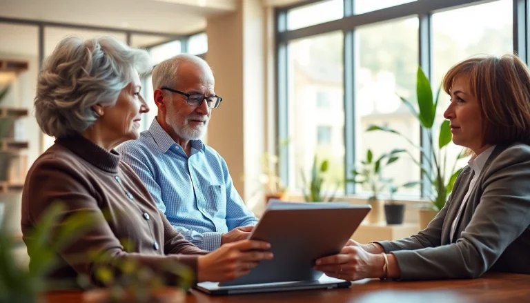 Engaging consultation on long term care between an elderly couple and financial advisor.