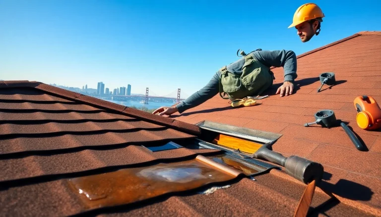 Roof leak repair Bay Area service examining a damaged roof for professional assessment.