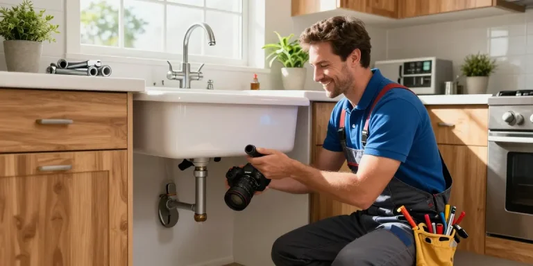 Affordable plumber San Diego fixing a leak in a modern kitchen, showcasing expertise and reliability in a sunny environment.