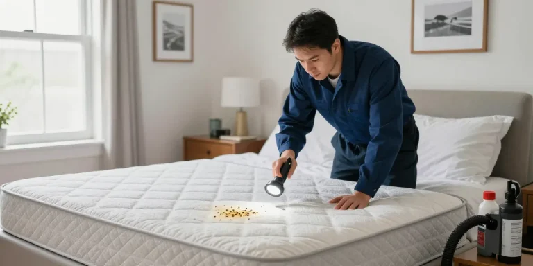 Expert bed bug exterminators inspecting a Milwaukee home for signs of infestation in a bright bedroom.
