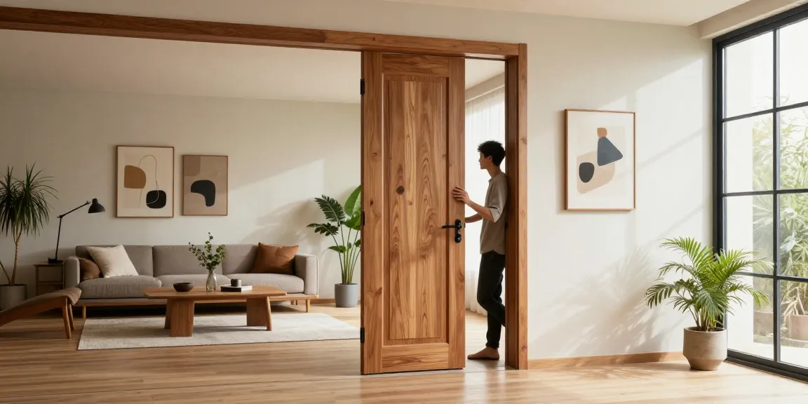 Elegant single leaf swing door enhances modern home design, seamlessly connecting living and dining spaces.
