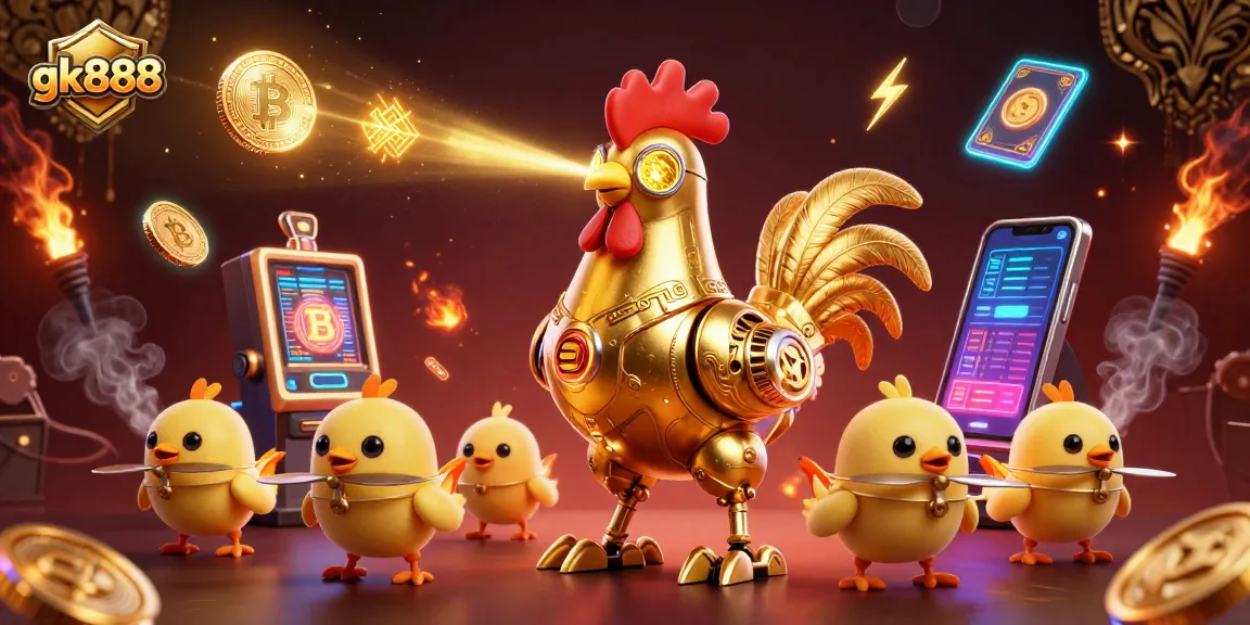 Engage with gk888 in a vibrant 3D casino scene featuring golden rooster robot amid slot machines and crypto coins.