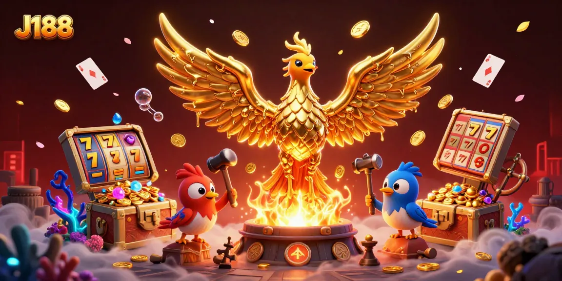 Experience thrilling wins with J188's molten golden phoenix amidst slot reels and treasures.