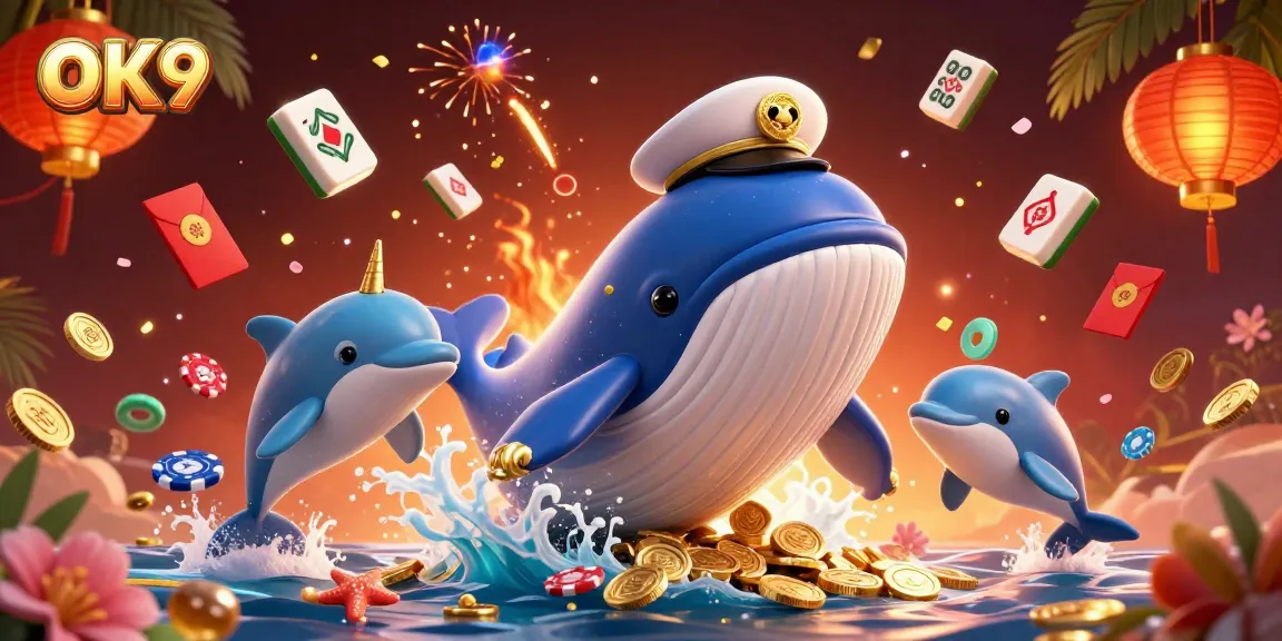 Experience exciting games at OK9 with a vibrant scene featuring a whale, narwhal, and dolphins in a treasure-filled ocean.