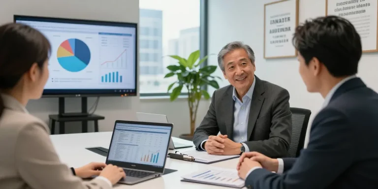Engaged financial advisors collaborating with clients on personalized investment strategies in a modern office.