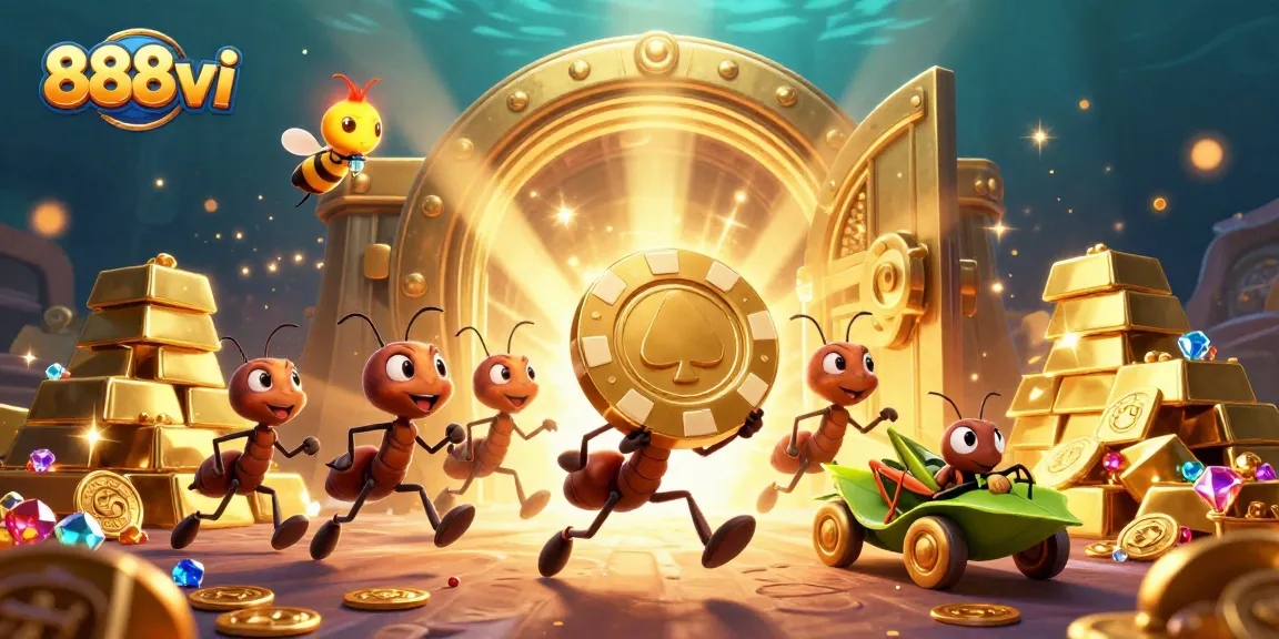Engage with 888vi's thrilling heist scene featuring animated ants and golden treasures.
