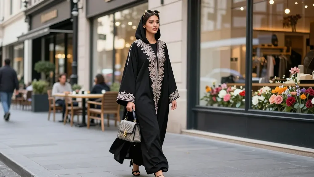 Stylish woman in an abaya walking confidently in an urban setting.