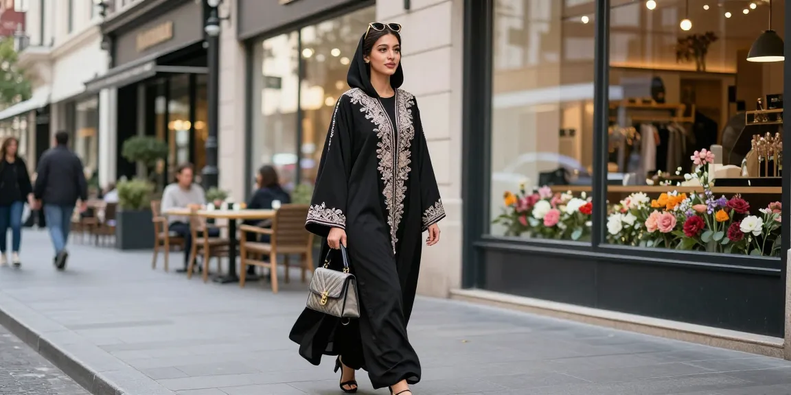 Stylish woman in an abaya walking confidently in an urban setting.